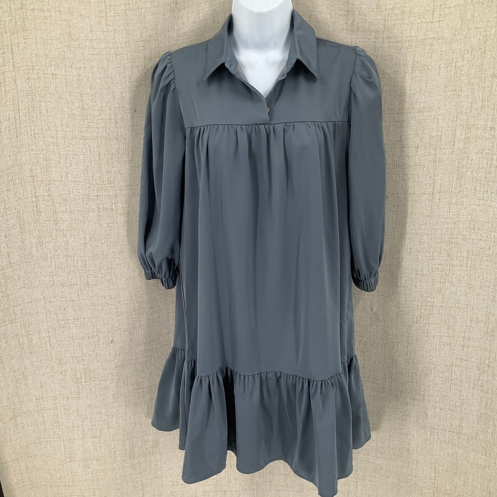 PINCH Babydoll Dress Women S Blue Grey Ruffle Hem Puff Sleeve Minimalist Boho